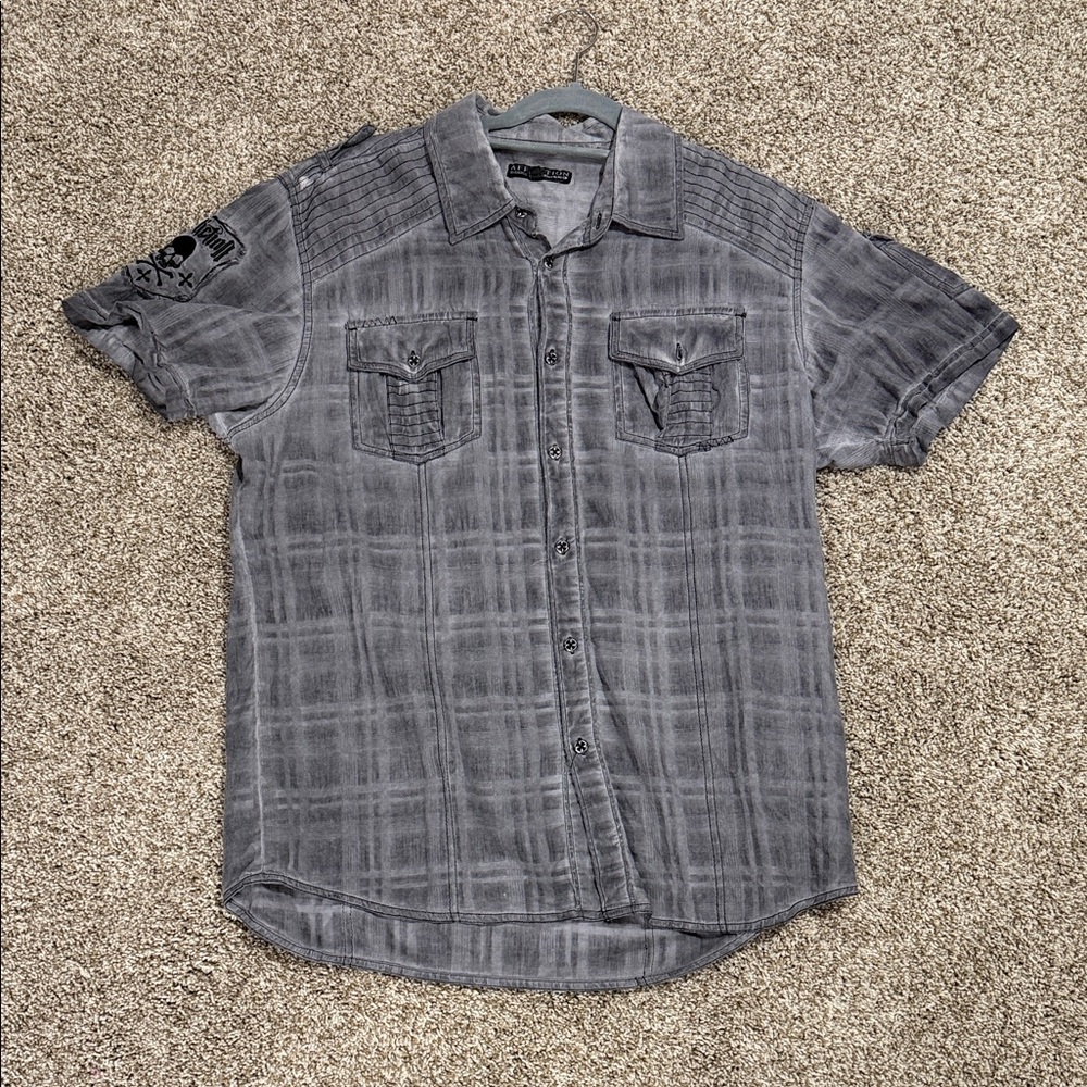 Affliction Washed Gray Plaid Short-Sleeve Button-Up Shirt